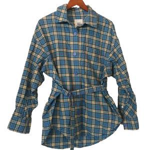 Jucy Judy Korean Street Wear Blue Plaid Cotton Belted Shirt Jacket Shacket XS